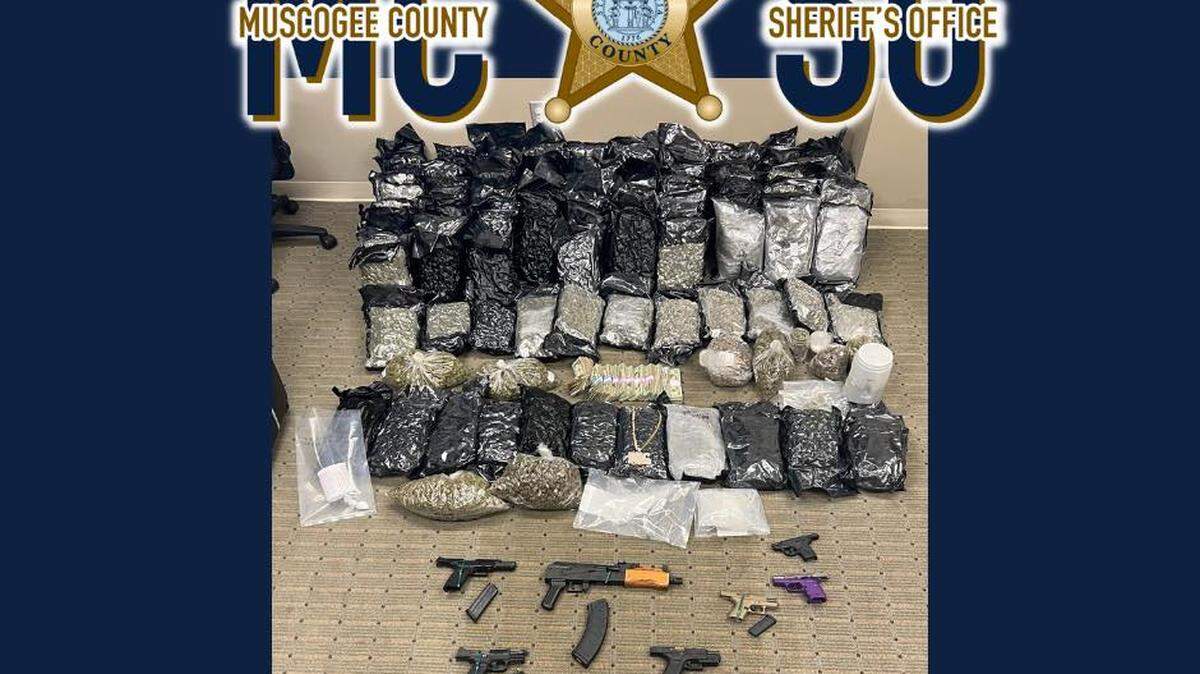 A picture of drugs, guns and cash seized by the Muscogee County Sheriff’s Office through multiple search warrants in Muscogee County.