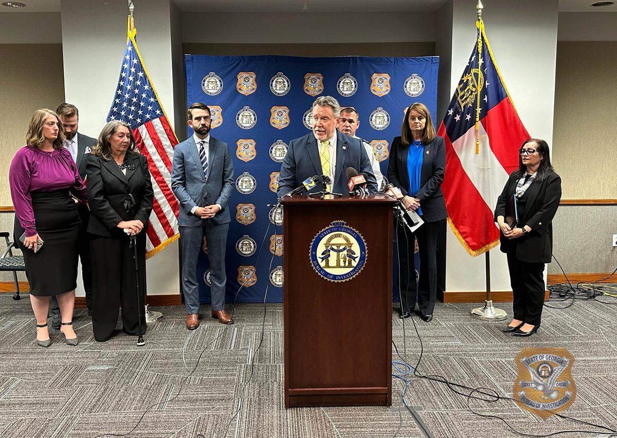 GBI Director Chris Hosey, at podium, was joined by Athens-Clarke County Police Department Chief Jerry Saulters, FBI-Atlanta SAC Keri Farley, Western Judicial Circuit DA Deborah Gonzalez, State Representative Houston Gaines, and the Baker Family at GBI Headquarters to provide updates in Tara Baker’s murder investigation. 05/13/2024
