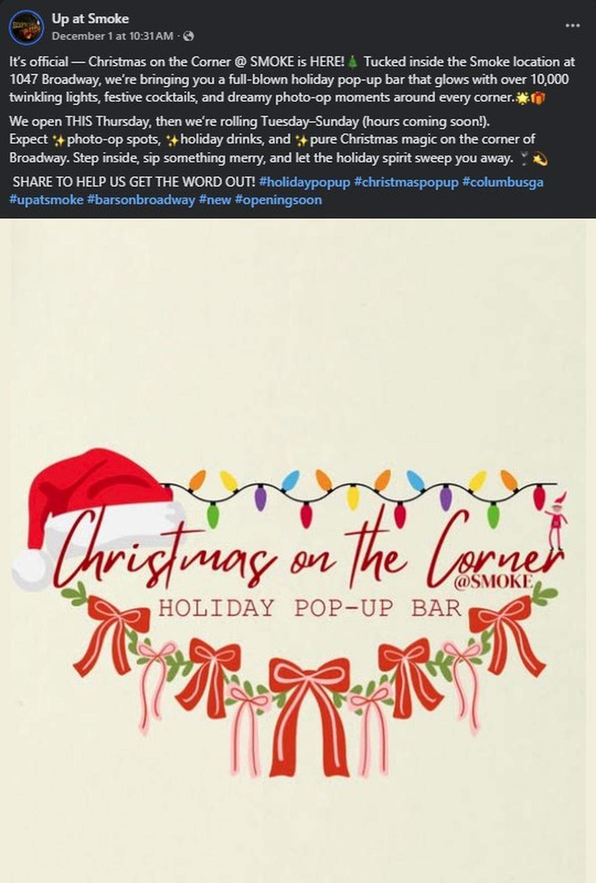 Up at Smoke announced on Facebook that they have turned the former restaurant into a pop-up, Christmas-themed bar. Here’s what their announcement says.