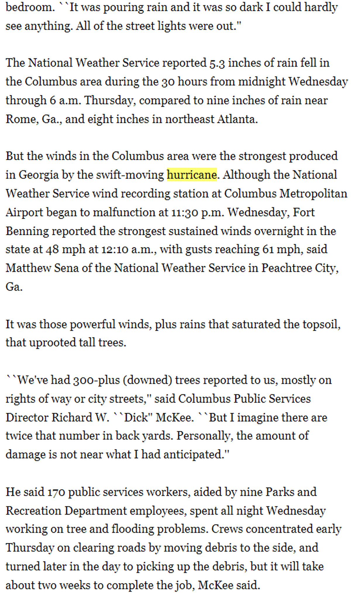 A snippet from “Hurricane Rattles Columbus Region”, Oct. 6, 1995 Ledger-Enquirer archives. This was written two days after Hurricane Opal came through