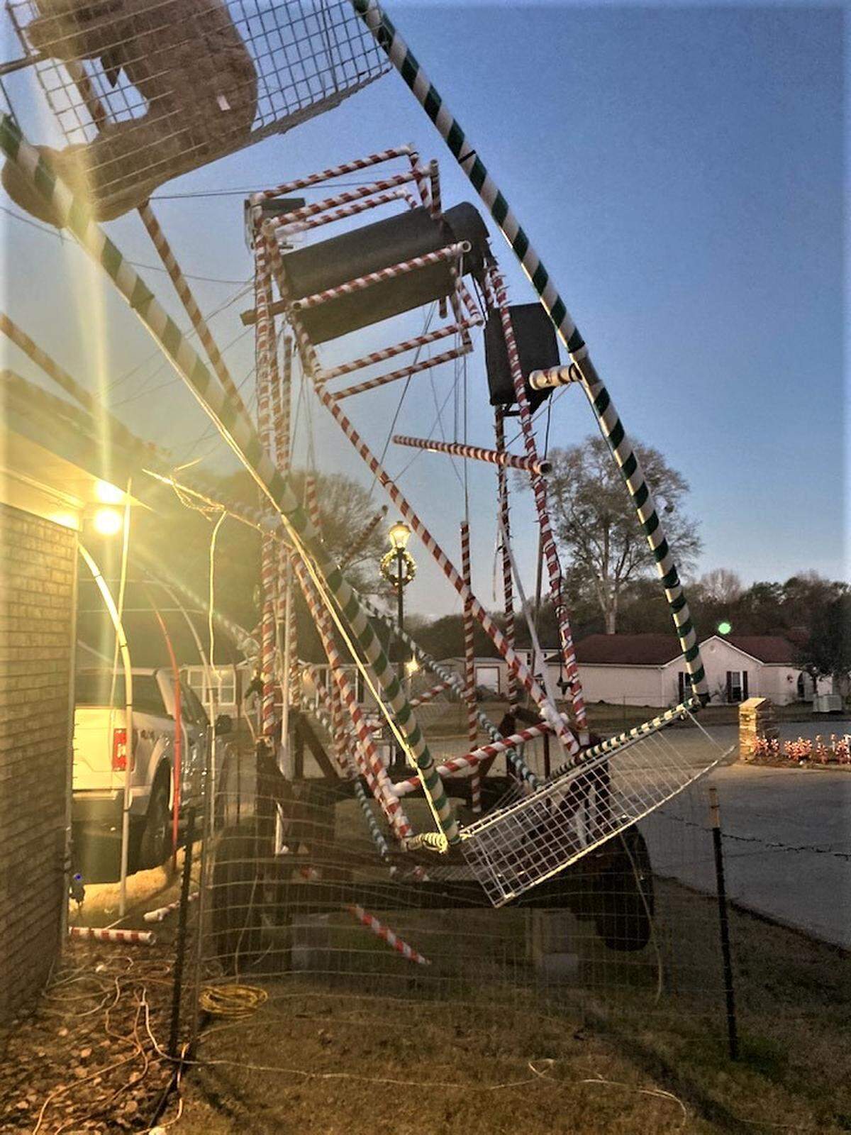 Wind from the winter storm that blasted into Columbus on Thursday night toppled the Ferris wheel at the Ludy’s Christmas Light Spectacular on Ironstone Drive. This photo shows the damage Jerry Ludy found Friday morning.