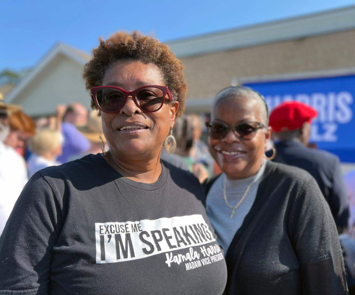 Angela Fontain joins other Kamala Harris supporters to see former President Bill Clinton campaign in Columbus, Georgia on behalf of democratic presidential candidate Kamala Harris and her running mate Tim Walz.