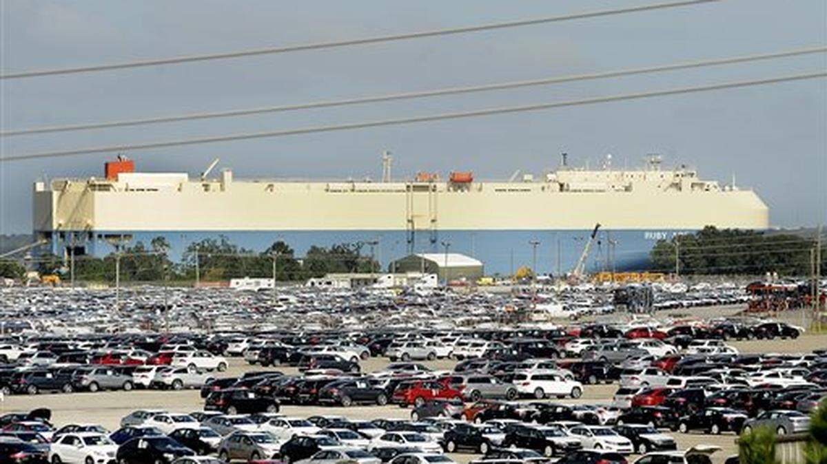 New automobiles being shipped through the Port of Brunswick sit in a vast parking lot at the Colonels Island terminal in Brunswick, Ga.