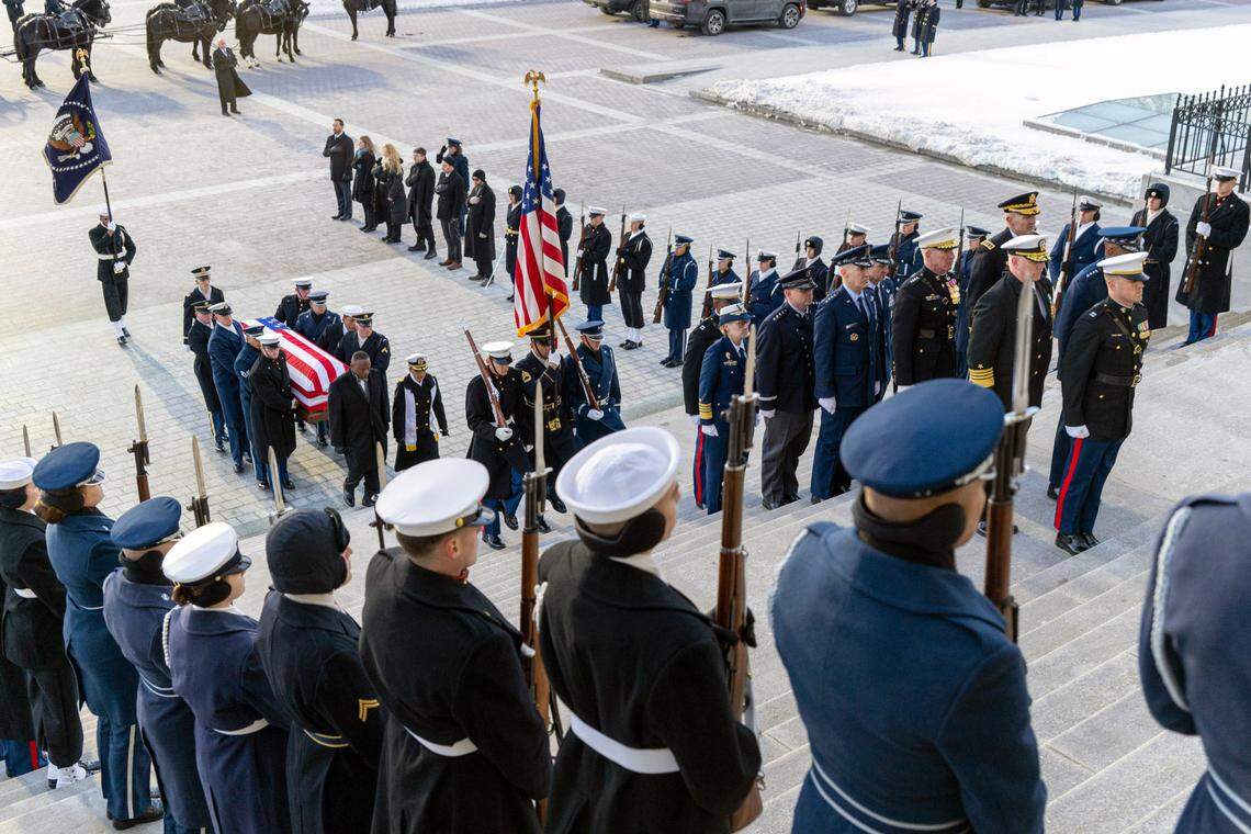 U.S. service members with the Joint Task Force-National Capital Region Ceremonial Honor Guard carry the casket of Jimmy Carter, 39th President of the United States, into the U.S. Capitol Building, Washington, D.C., Jan. 7, 2025. Carter, who was also a 2002 Nobel Peace Prize recipient for his humanitarian efforts, passed away on December 29, 2024, at his home in Plains, Georgia, at the age of 100. (DoD photo by Christopher Kaufmann)