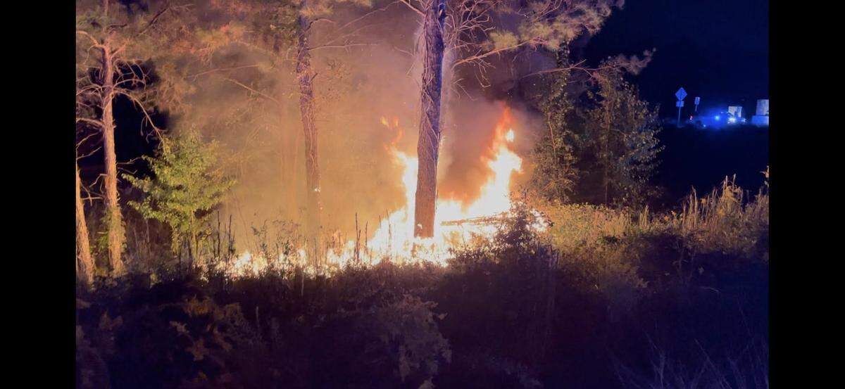 A Corvette caught fire after it crashed in a wooded area off South Lumpkin Road near the Oxbow Meadows Golf Course in Columbus.