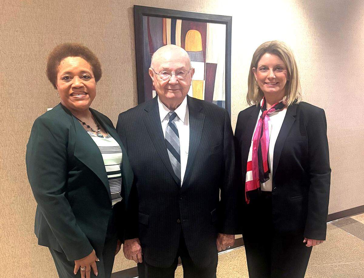 Alabama Community College System chancellor Jimmy Baker, center, visited Chattahoochee Valley Community College in Phenix City on Dec. 1, 2025, and announced the appointment of Annette Funderburk, right, as CVCC’s interim president. Funderburk, who has been president of J.F. Ingram State Technical College in Deatsville, Alabama, for the past seven years, temporarily replaced the retired Jackie Screws, left, as CVCC’s leader.