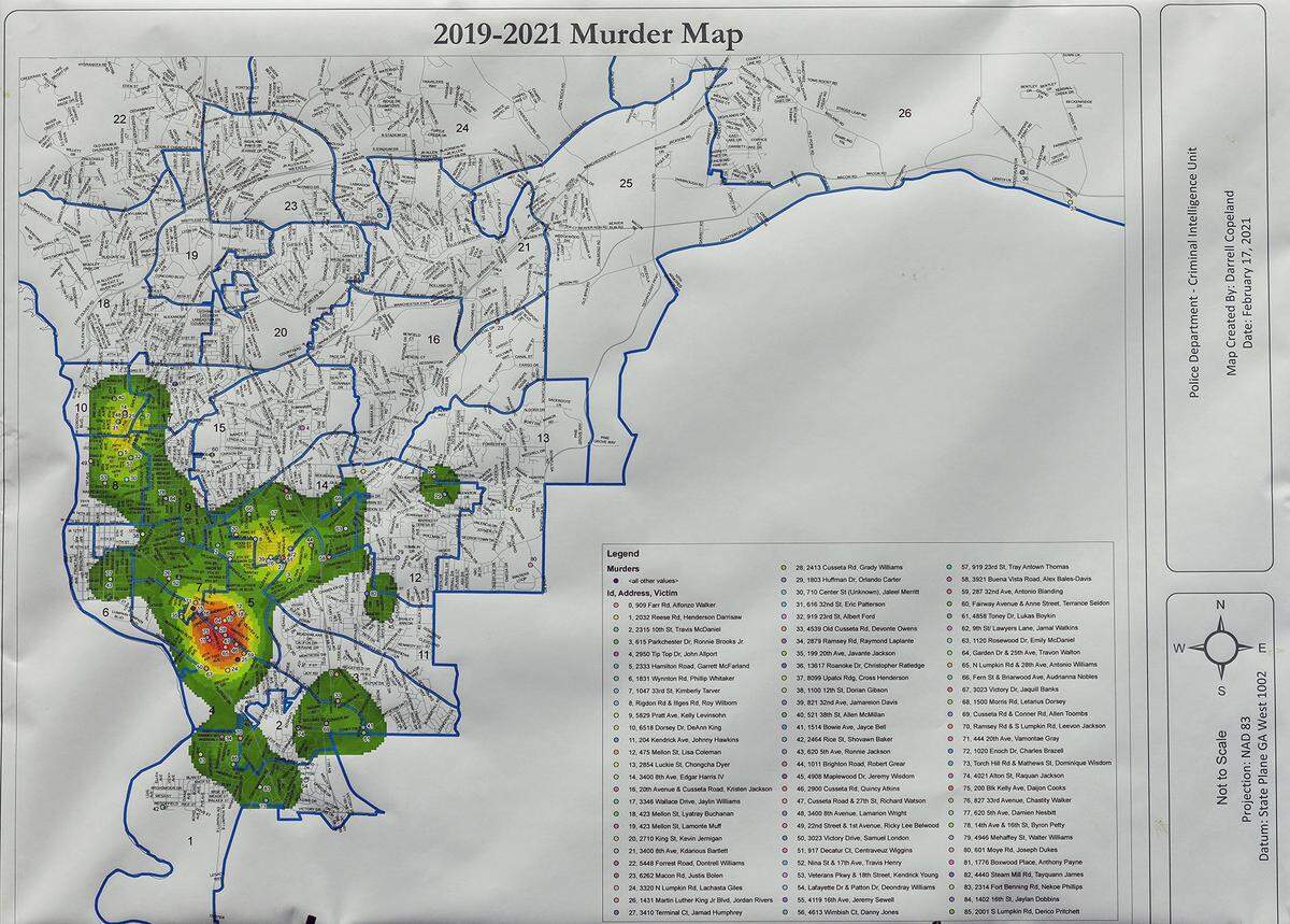 Columbus city officials displayed the “2019-2021 Murder Map” at the public safety Town hall meeting, Saturday afternoon, February 20, 2021 at Canaan Baptist Church in Columbus, Georgia.