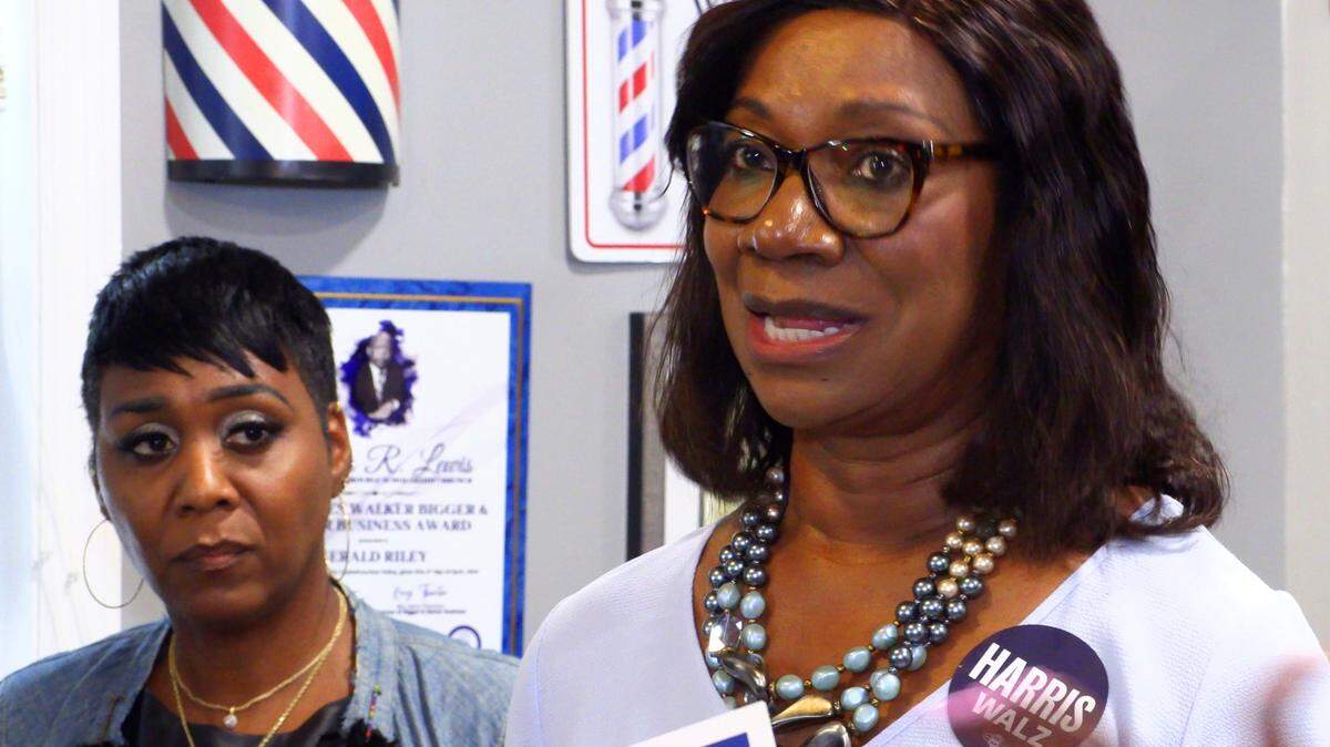 Georgia State Rep. Carolyn Hugley, speaks at a press conference in Columbus, Georgia to support Vice President Kamala Harris, who was running for president at the time, and her proposal to bolster small businesses.
