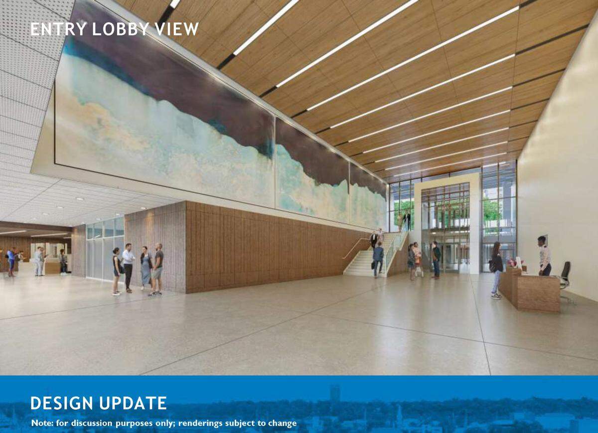 This rendering, from a design update presented to Columbus Councilors on Oct. 10, 2023, is a rendering of a proposed design for the entry lobby.