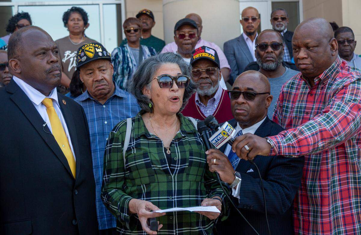 Former Columbus Councilor Evelyn “Mimi” Woodson speaks during a Wednesday afternoon news conference at the City Services Center in Columbus.