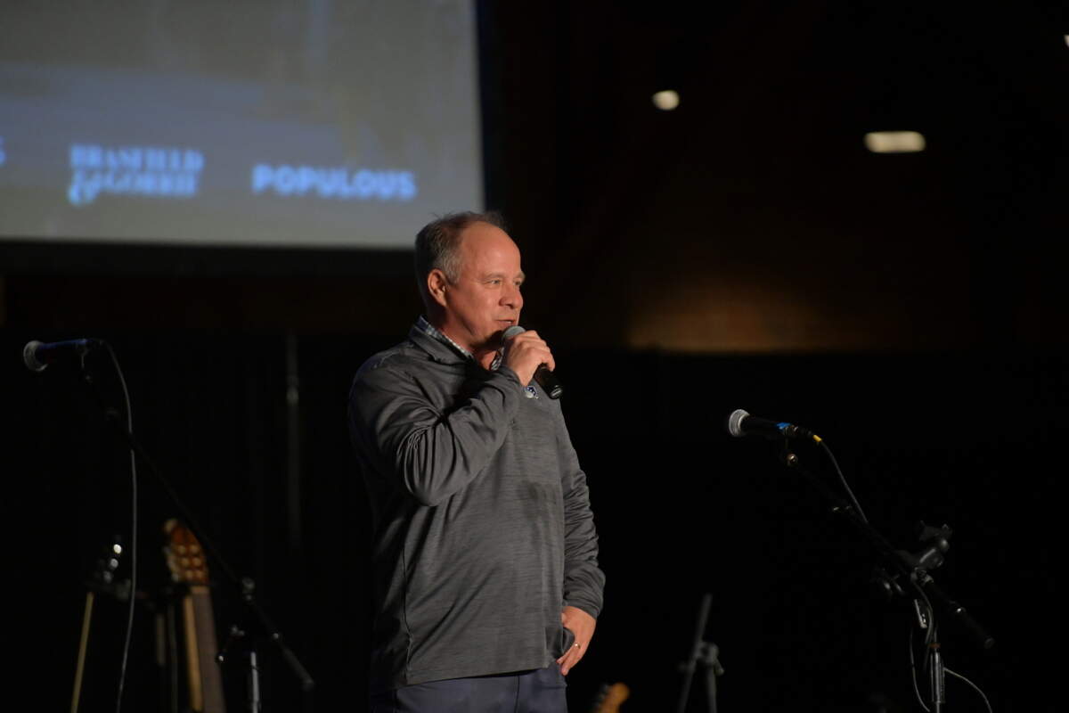 Pete Laven, general manager of the Atlanta Braves Double-A minor league baseball franchise, speaks to the crowd Sept. 6, 2024, in the Columbus Convention & Trade Center, where the team’s new name, the Columbus Clingstones, was announced in advance of the club’s move from Pearl, Mississippi.