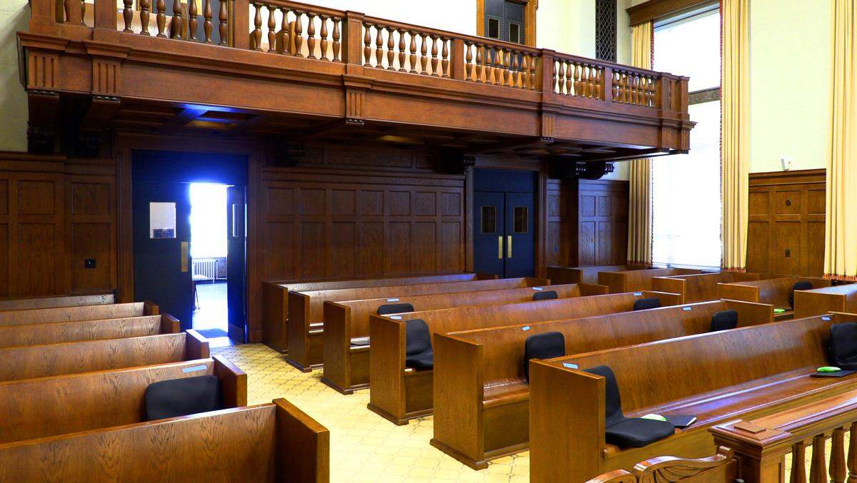 The courtroom of U.S. District Court Judge Clay D. Land in Columbus, Georgia sits ready Tuesday morning for opening arguments in the first jury trial to be held in the Middle District of Georgia since the jury trial moratorium that began in March 2020 as the coronavirus pandemic worsened. Jurors were selected Monday.
