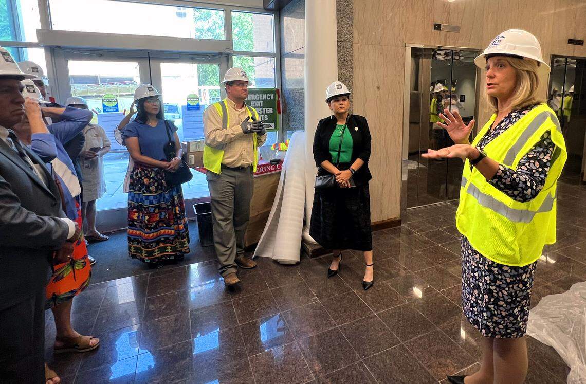 Columbus Deputy City Manager Pam Hodge speaks with representatives of the Muscogee Nation during a tour of Columbus City Hall in Columbus, Georgia on Sept. 15, 2025. Officials announced the Muscogee Nation will have a permanent office inside Columbus City Hall when renovation of the space is complete..