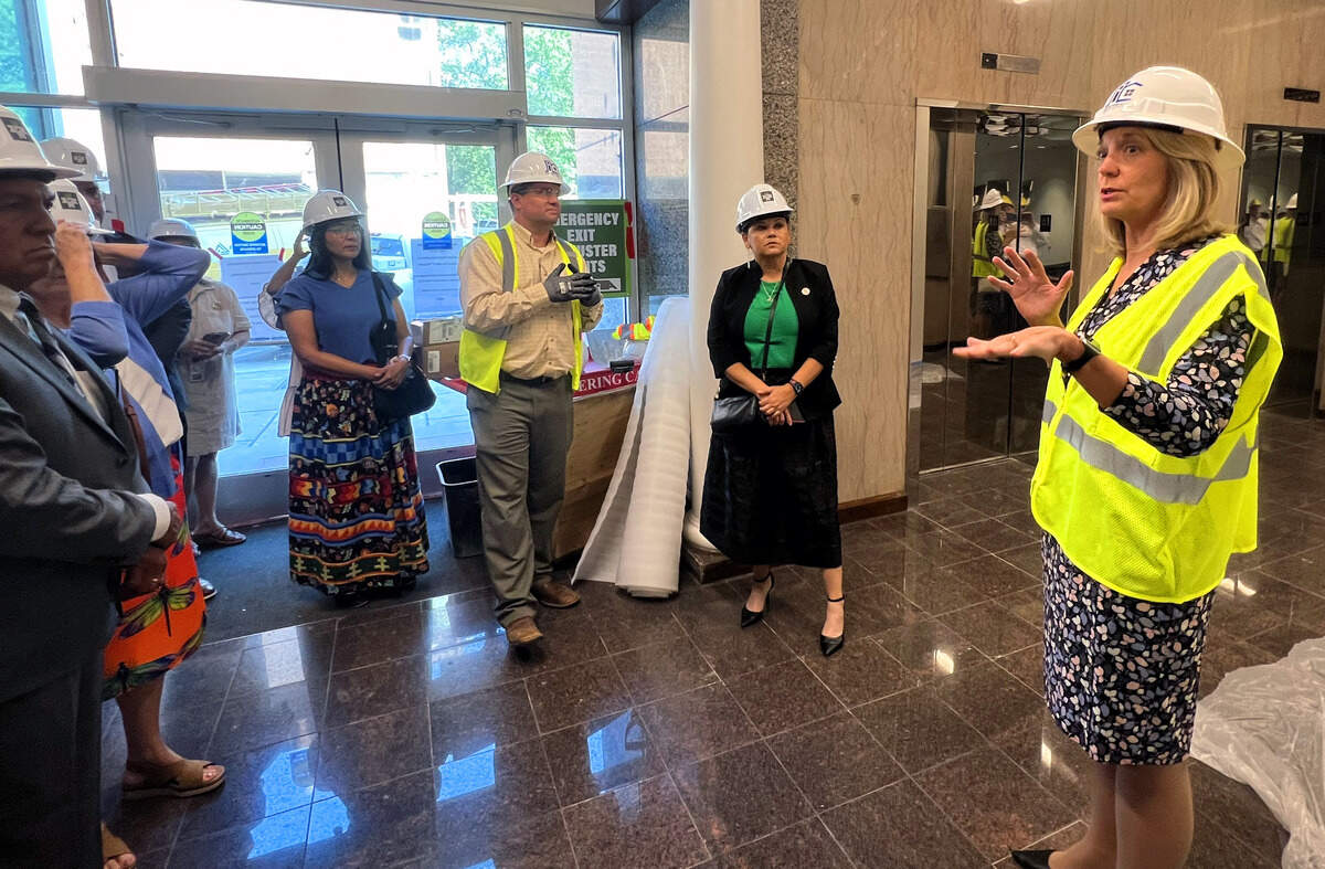 Columbus Deputy City Manager Pam Hodge speaks with representatives of the Muscogee Nation during a tour of Columbus City Hall in Columbus, Georgia on Sept. 15, 2025. Officials announced the Muscogee Nation will have a permanent office inside Columbus City Hall when renovation of the space is complete..