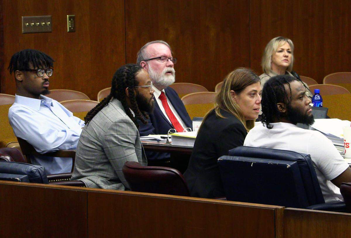 Ty’Shaun Quintavious Sylvester, left, and Jessie Lee Harper, right, along with their attorneys William Kendrick, Mark Shelnutt, and Sirena Saunders, listen to testimony Tuesday afternoon. 08/22/2023