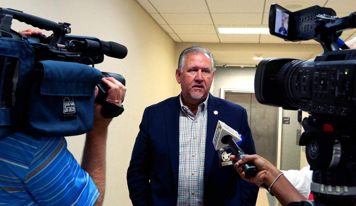 Russell County Sheriff Heath Taylor answers questions from reporters after a May 23, 2025, hearing for Jeremy Williams at the Russell County Courthouse in Phenix City.