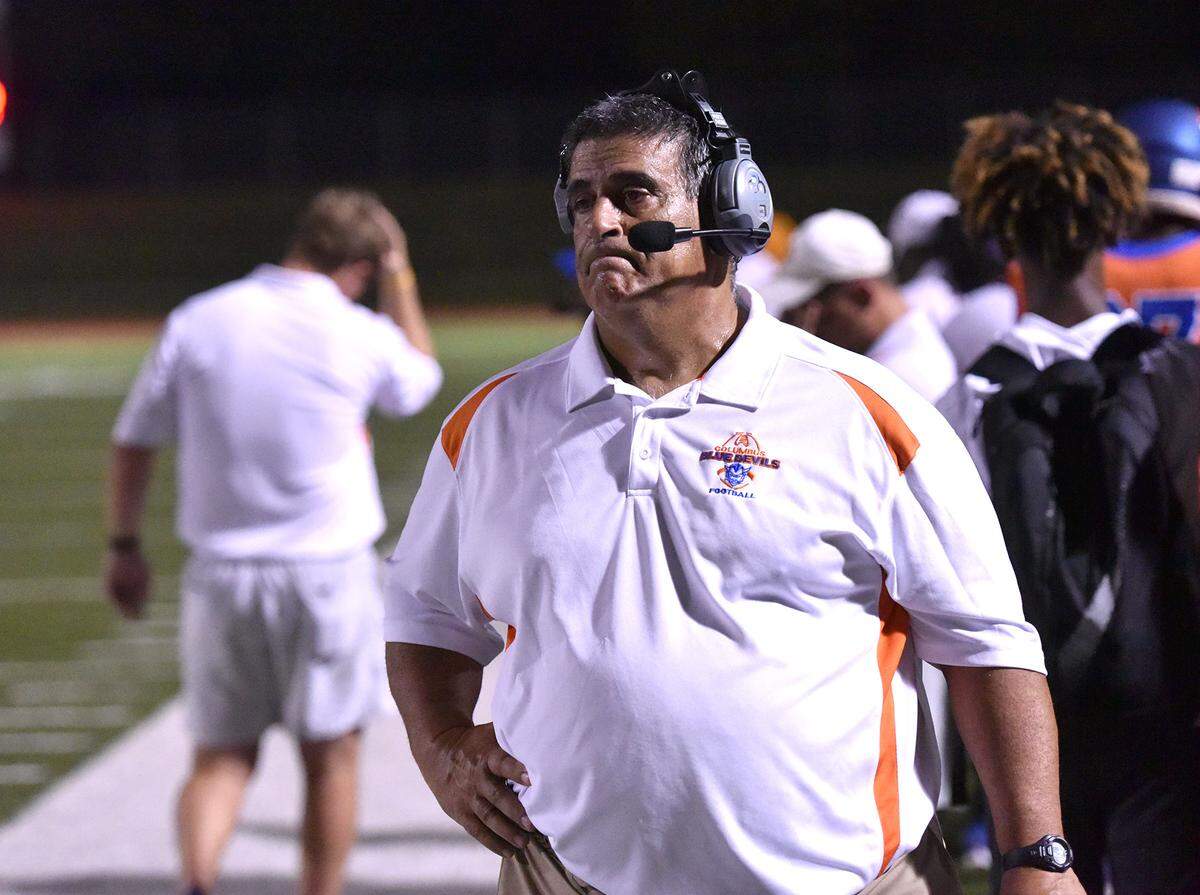 Columbus head football coach Phil Marino walks the sideline during the game against Carver, September 21, 2018.