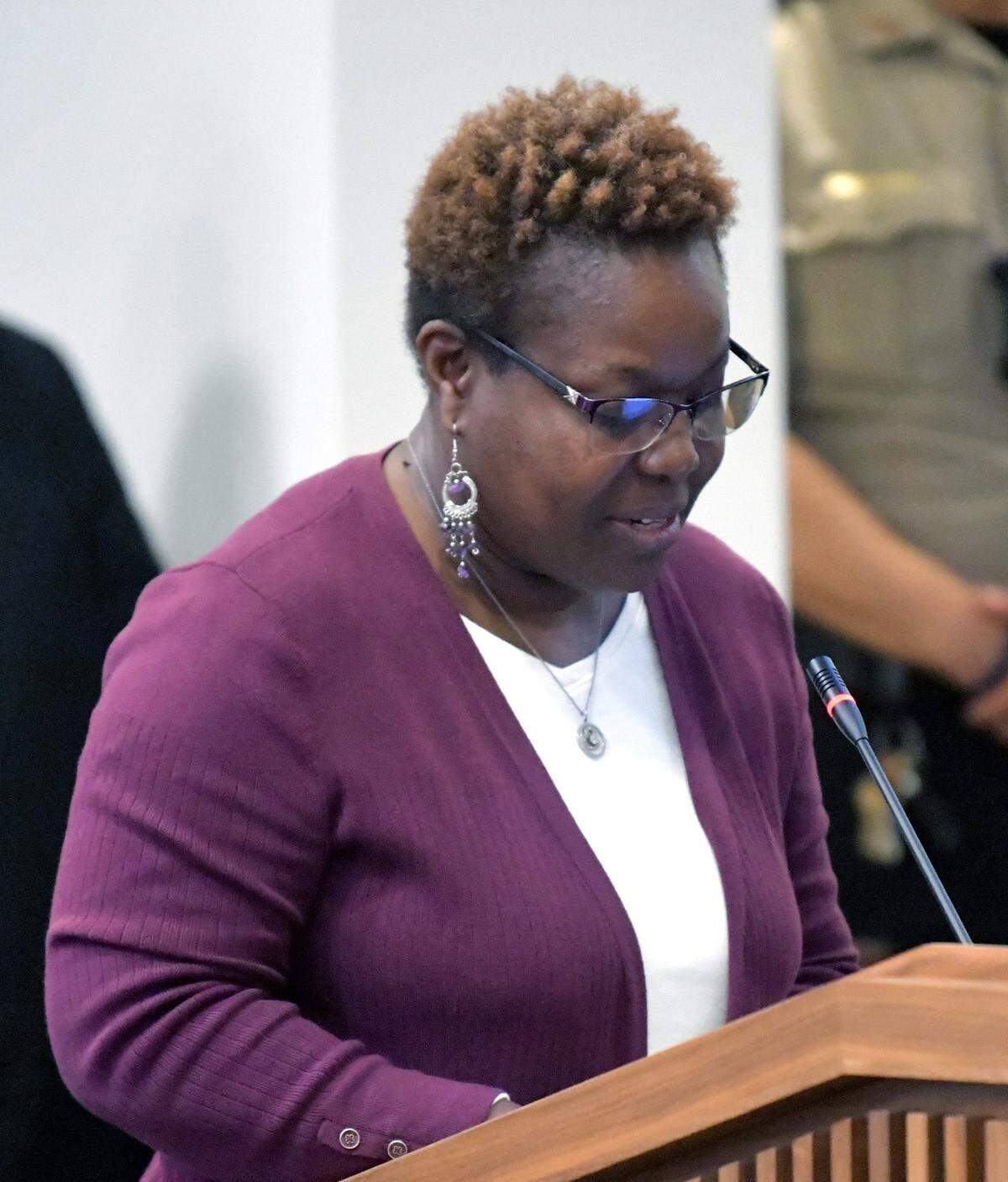 Pat Hugley Green speaks during a special called meeting of Columbus Council on Feb 28.