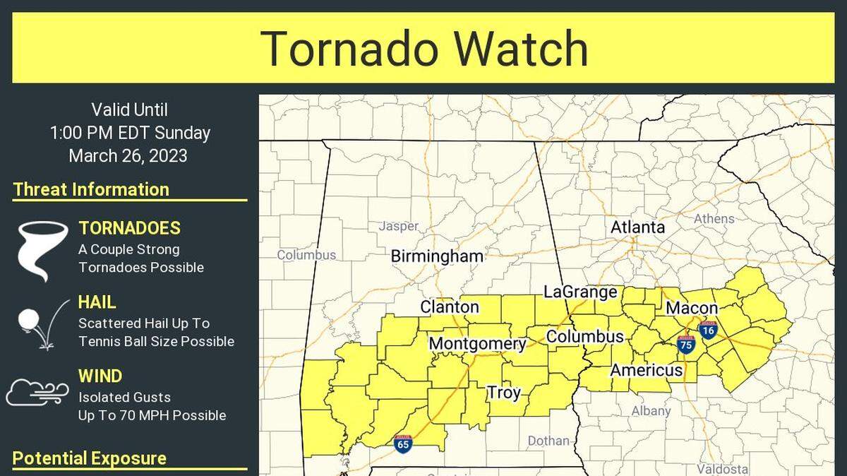 A band of counties across Alabama and Georgia are under a tornado watch as severe storms roll through the area.