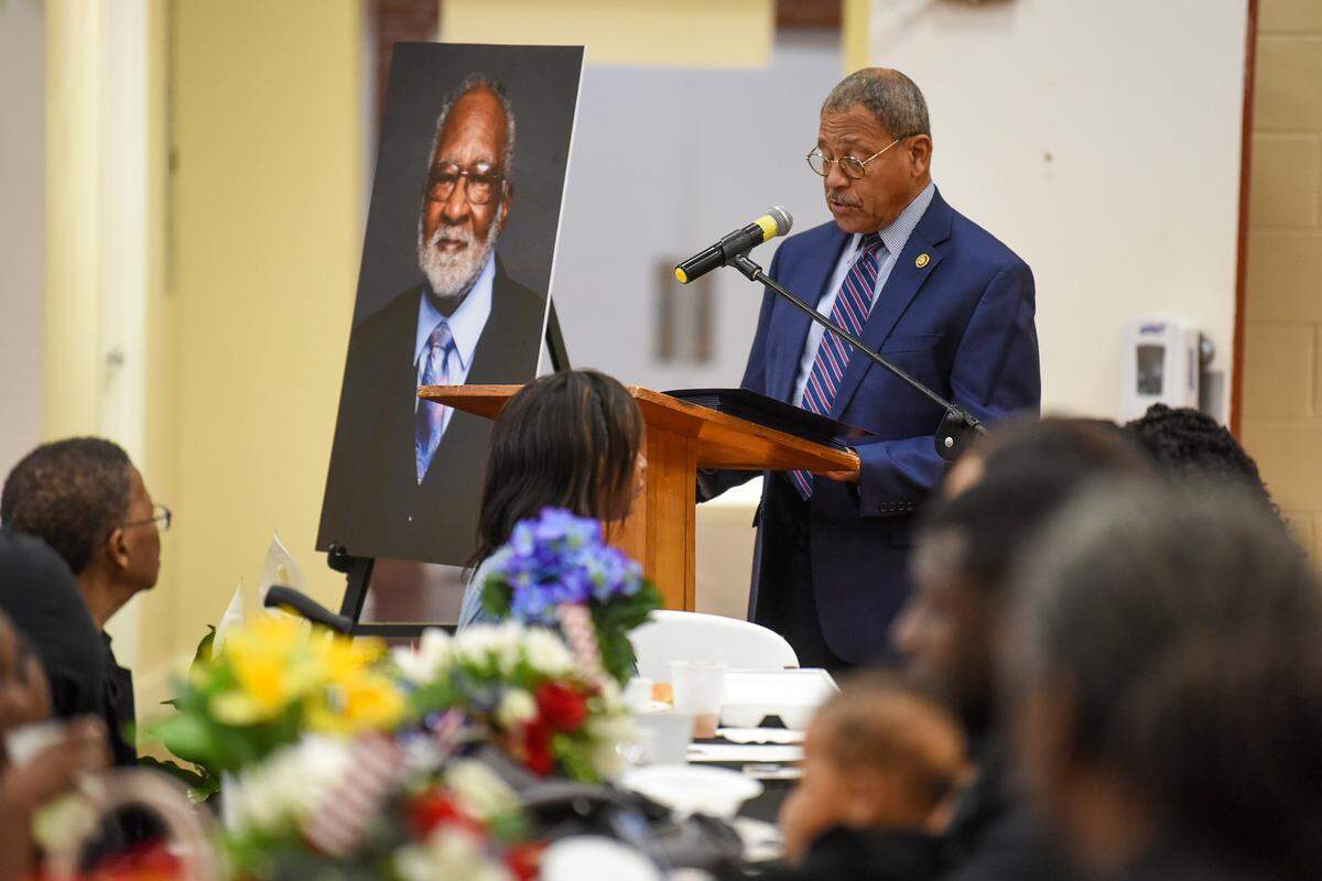 U.S. Rep. Sanford Bishop pays tribute to Columbus Councilor Jerry “Pops” Barnes during a memorial service Thursday afternoon at Revelation Missionary Baptist Church in Columbus, Georgia. 04/25/2024