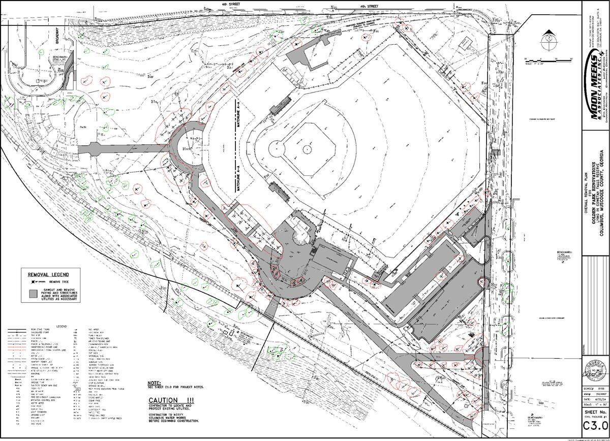 This is the tree removal plan for Golden Park in Columbus, Georgia. Red circles indicate trees that are removed and green indicates trees that will be saved.