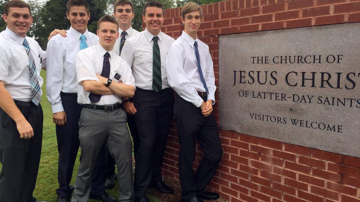In order from L to R: Elder Hiatt, William Murphy (missionary to be), Elder Porschatis, Elder Saurey, Elder Lloyd, J Hollist (missionary to be). Photo courtesy of Helena Coates
