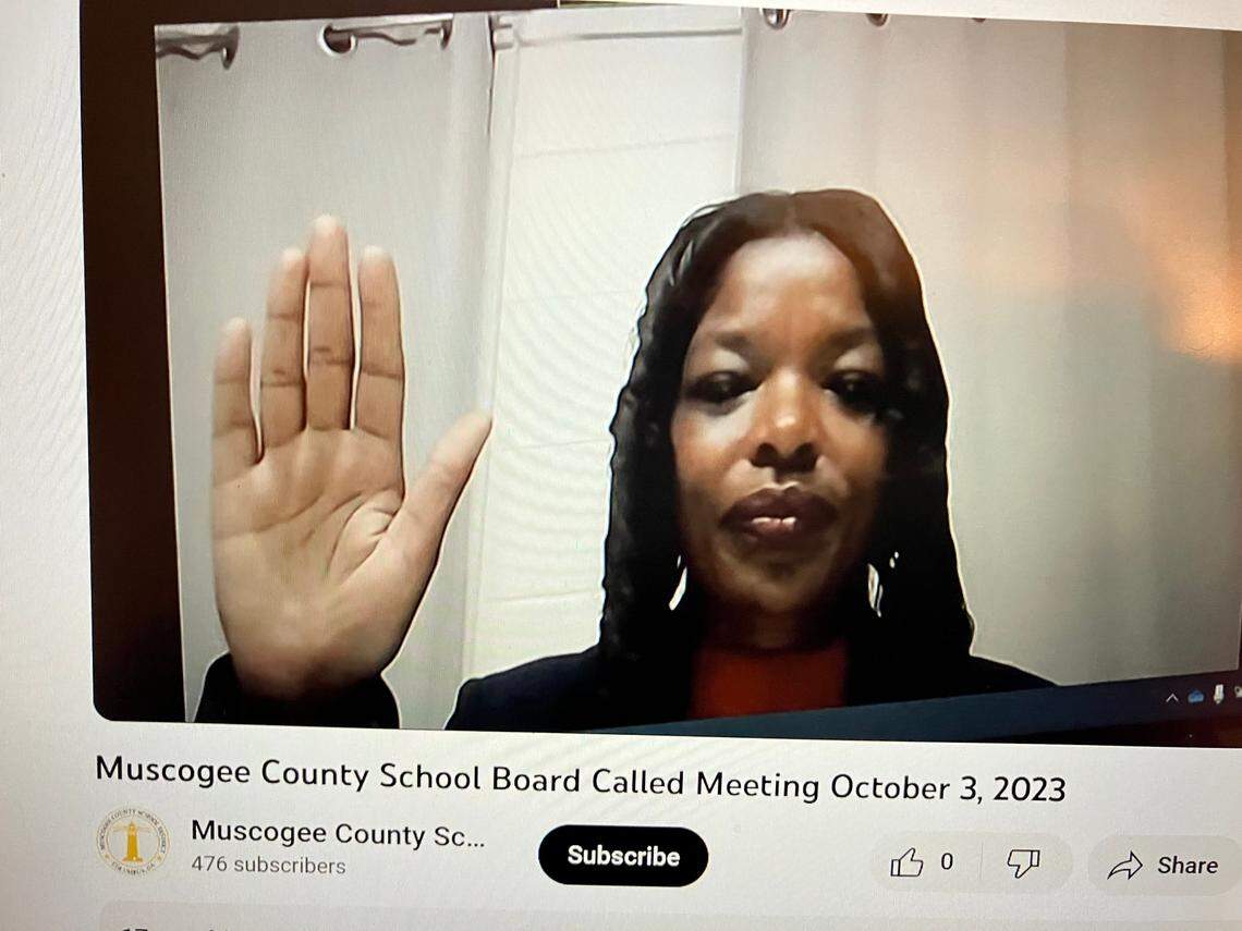 Chenita Sanks is sworn in before she testifies via videoconference at the Oct. 3, 2023, Muscogee County School District board hearing, where she appealed the termination of her employment as a fifth-grade teacher for Double Churches Elementary School. 