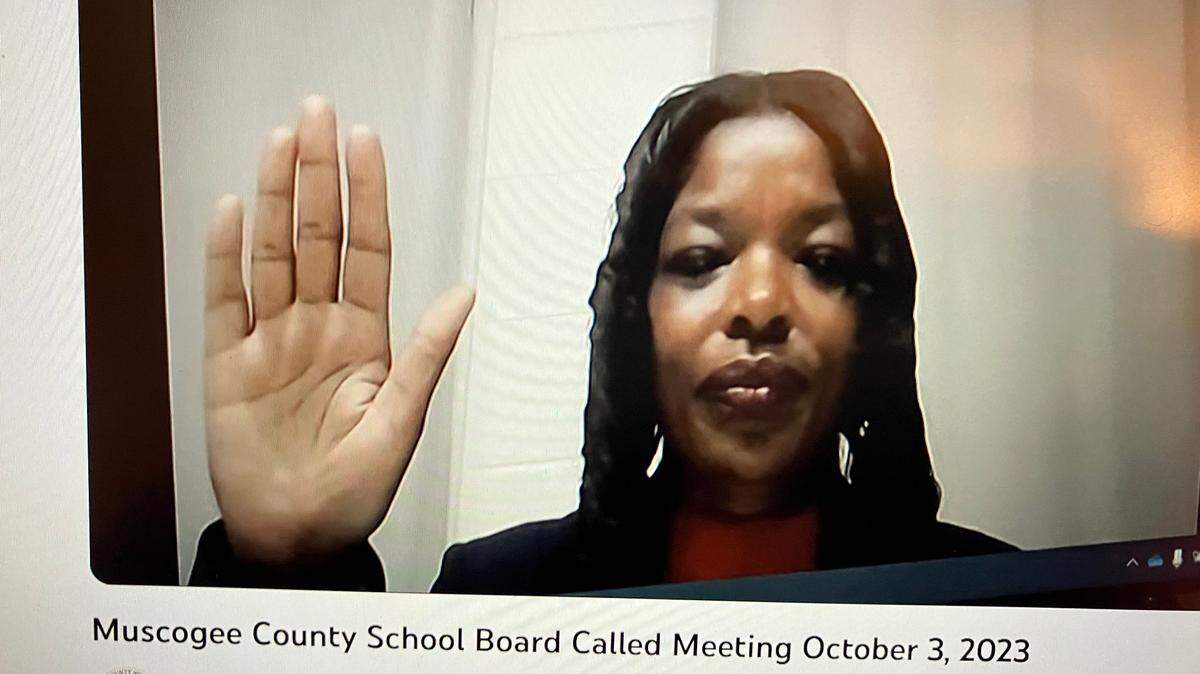 Chenita Sanks is sworn in before she testifies via videoconference at the Oct. 3, 2023, Muscogee County School District board hearing, where she appealed the termination of her employment as a fifth-grade teacher for Double Churches Elementary School.
