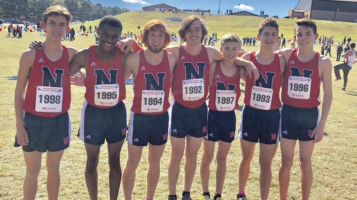 Northside finished eighth out of 32 teams in the Class AAAA boys race during the 2018 Georgia High School Association state cross country championships Saturday at Carrollton High School. From left, they are: junior Robert Phipps, senior Jonathan Myrthil, senior Jack Forbes, senior Liam Burke, junior Ben Thompson, junior Clark Cousins and freshman Noah Shepherd.