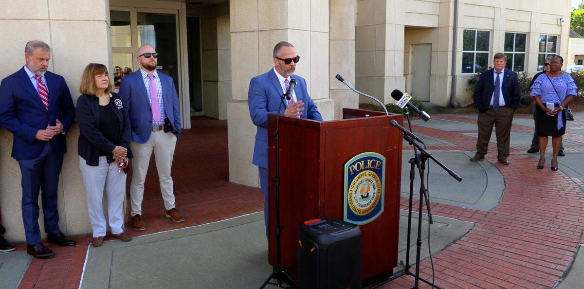 Deputy Chief Lance Deaton of the Columbus Police Department, at podium, speaks during a Tuesday afternoon press conference about Columbus Animal Care & Control. 10/01/2024