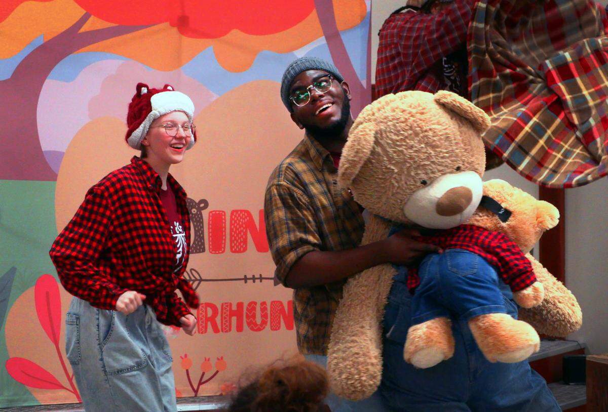 Vivian Hostetter, left, a junior at Columbus High School, and Kenneth Butler, a senior at Columbus State University, perform in the First Act’s production of “Going on a Bear Hunt” Tuesday night at Victory Mission in Columbus, Georgia. 01/17/2023