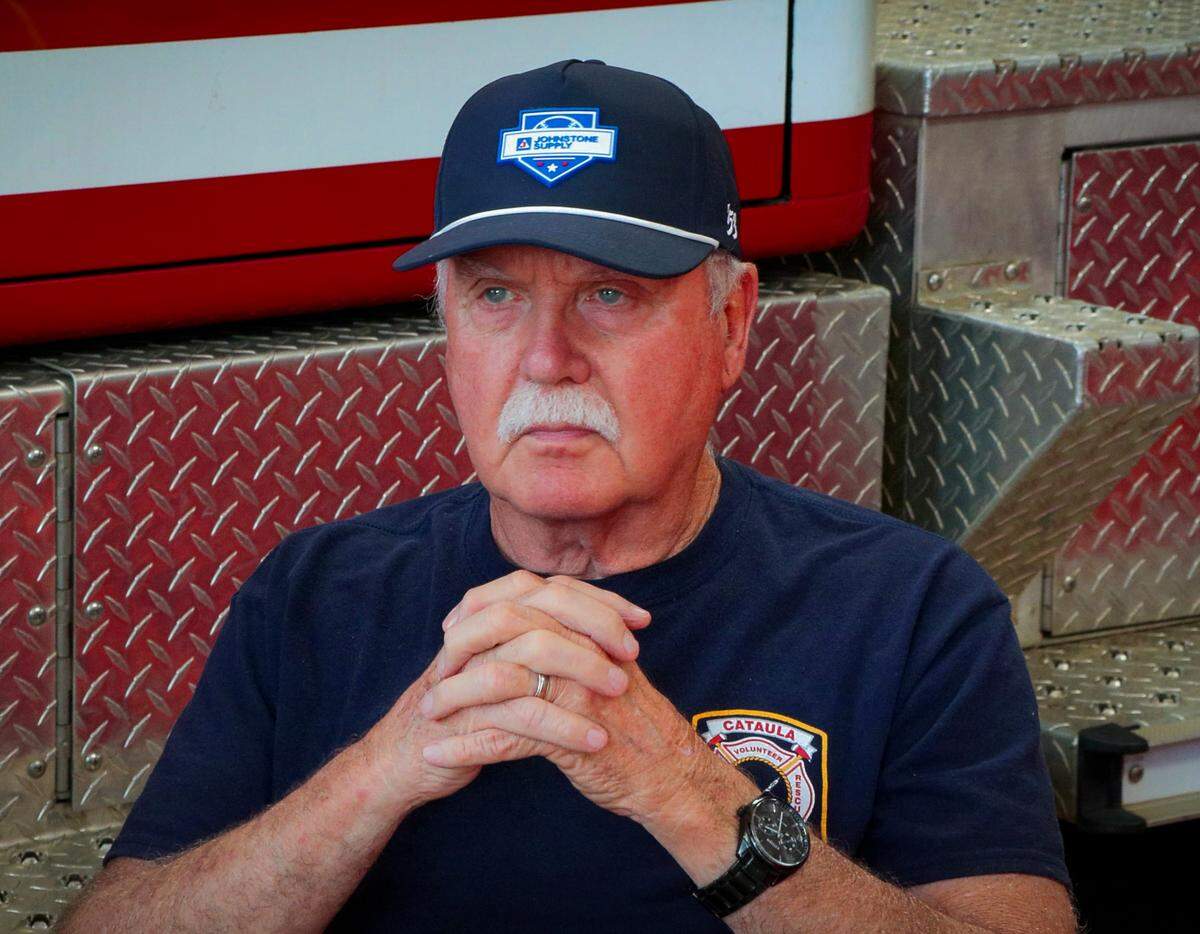 Tim Ryan of Cataula Fire-Rescue in Harris County, talks May 7, 2026, about deploying to assist with the wildfire in Brantley County, Georgia.