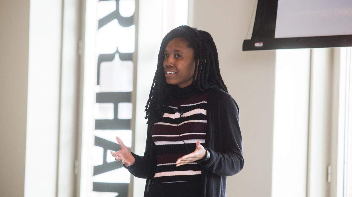 BestFit Inc. chief executive officer Asha Owens, a 2012 graduate of Columbus High School, pitches the concept for her company’s app during the final round of the New York University Social Entrepreneurship Progam’s “Algorithm for Change” competition July 12, 2018.