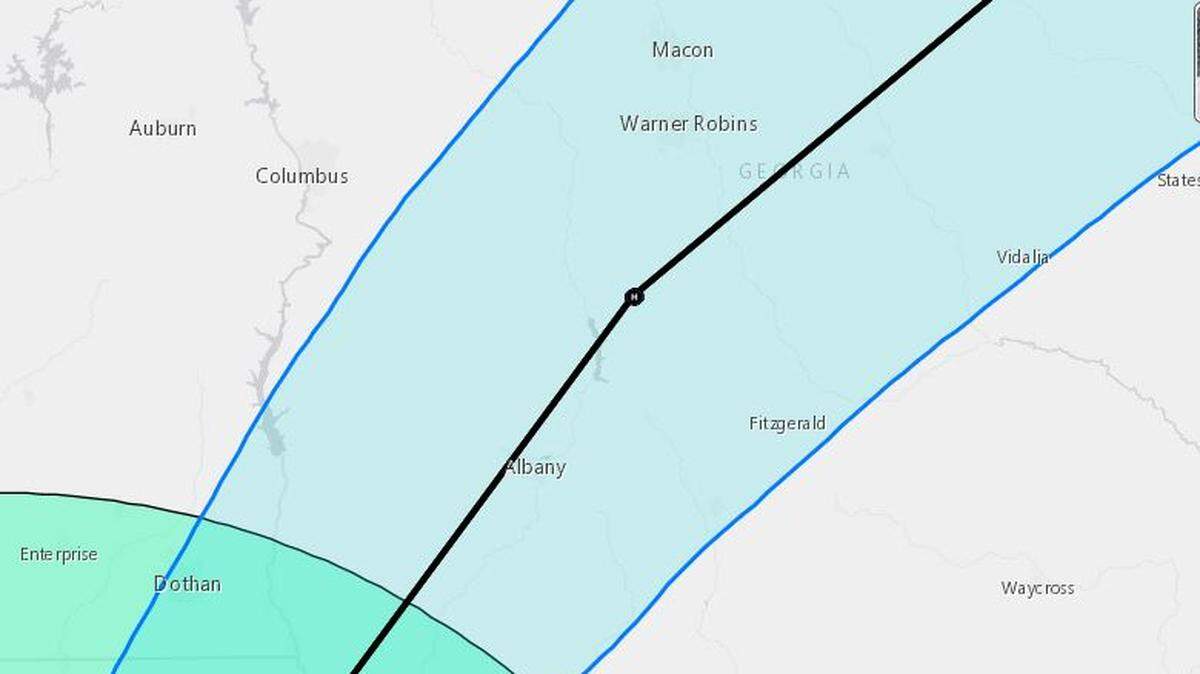 This image from the National Hurricane Center in Miami at 8 a.m. Wednesday shows the expected track of Hurricane Michael after it hits the Gulf Coast and cuts a path across Georgia later today. The Columbus area will experience tropical storm conditions, forecasts show, while the area between Albany, Ga., and Macon-Warner Robins could be hit significantly harder.