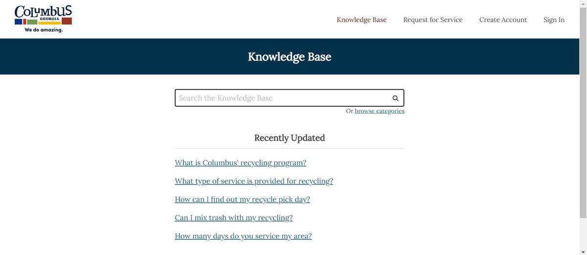 Knowledge Base on Columbus’ 311 website provides information and resources on a variety of categories including recycling, urban forestry and housing or neighborhood issues.