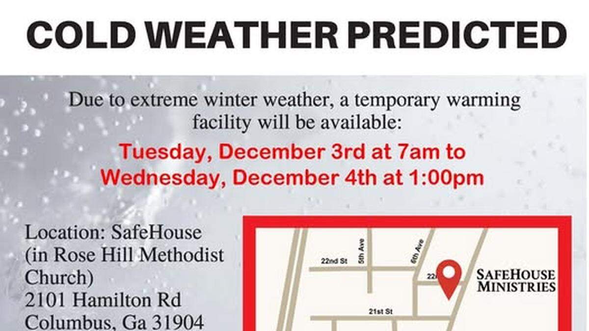 SafeHouse Ministries, 2101 Hamilton Road in Columbus, will open as a warming station from 7 a.m. Tuesday until 1 p.m. Wednesday, according to a post on their Facebook page.