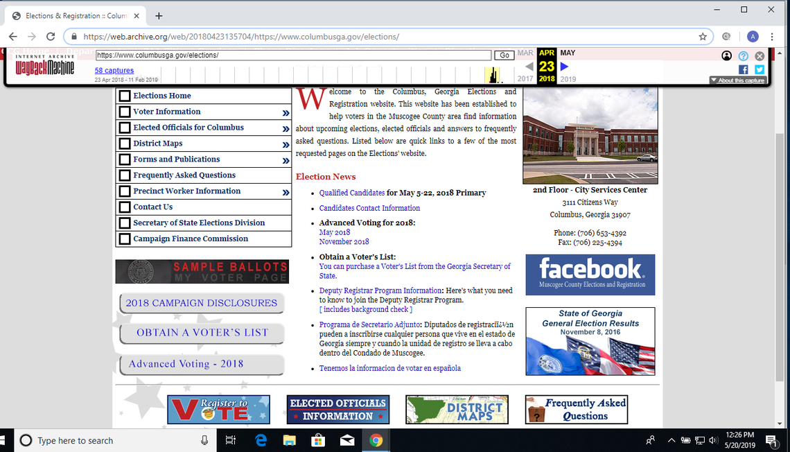 An archived web page from the Muscogee County Elections and Registration Office from April 23, 2018 shows meeting dates and times of the Board of Elections and Registration were not listed on the home page.