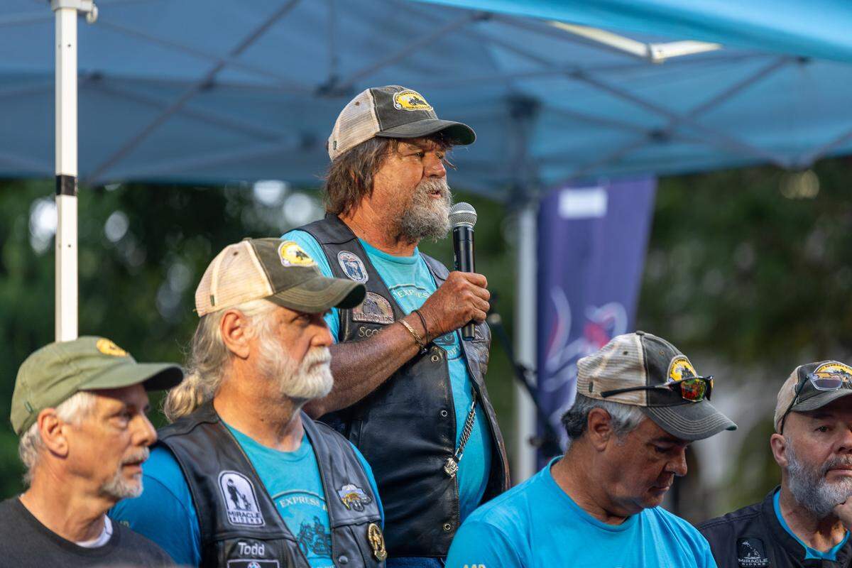 Scott Ressmeyer, center, and the Miracle Riders returned to Columbus on May 22, 2026, finishing their Pony Express-themed motorcycle ride of 9,300 miles across 16 states in 21 days to raise awareness of and money for Columbus State University’s College of Education & Health Professions.