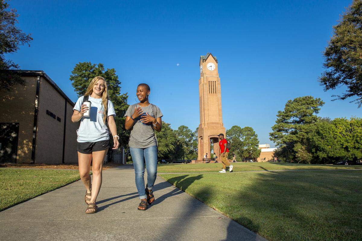 Columbus State University students walk on campus.