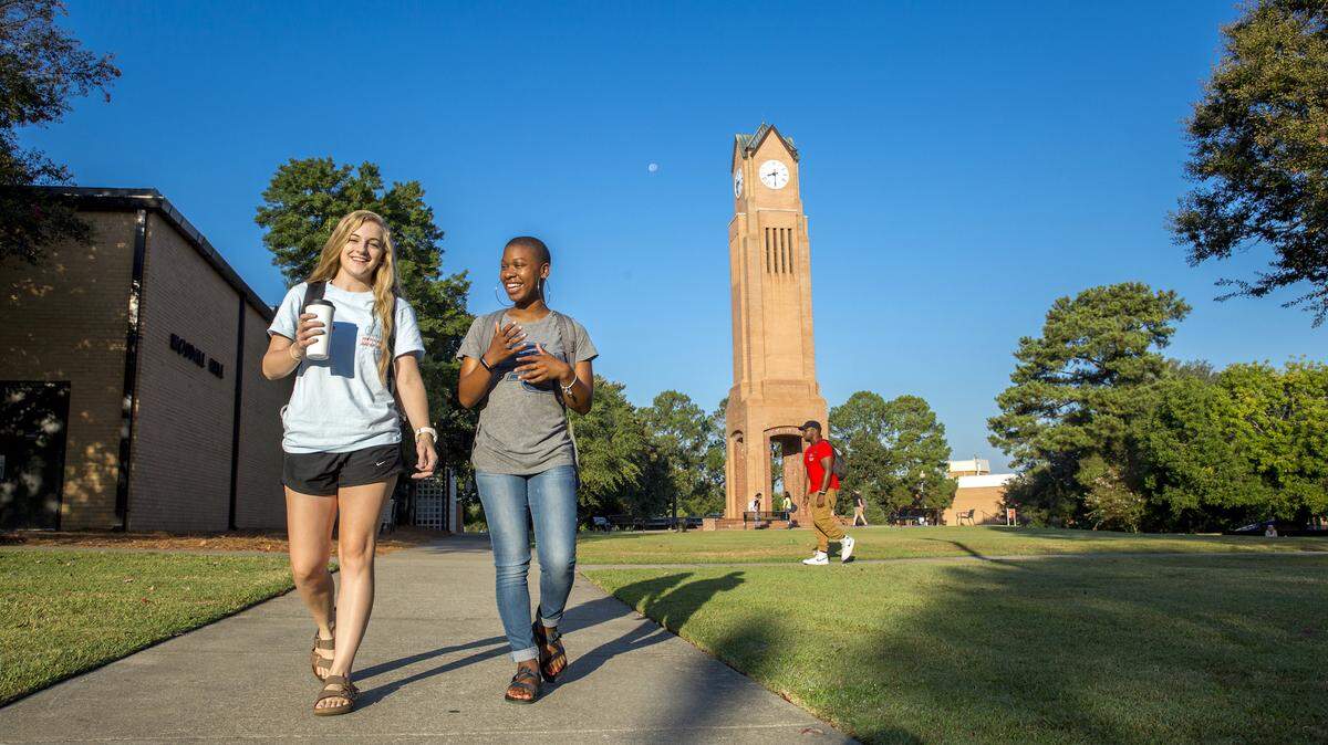 Columbus State University students walk on campus.