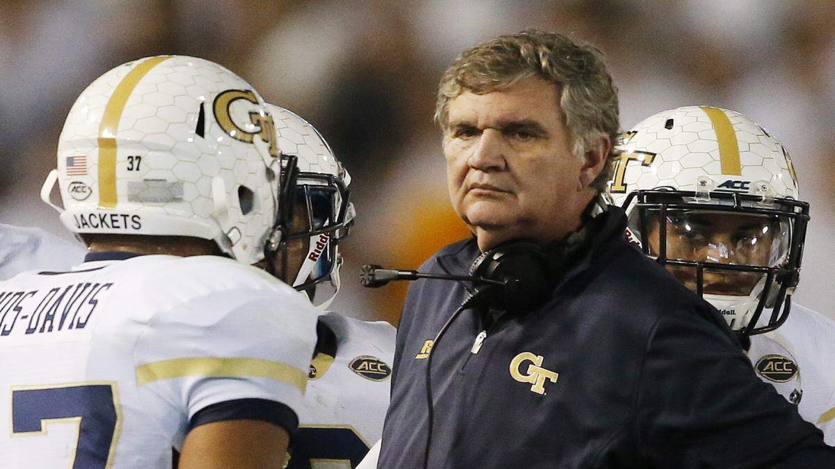 MIKE STEWART/Associated PressGeorgia Tech coach Paul Johnson speaks in huddle against Florida State during the first half Oct. 24 in Atlanta.