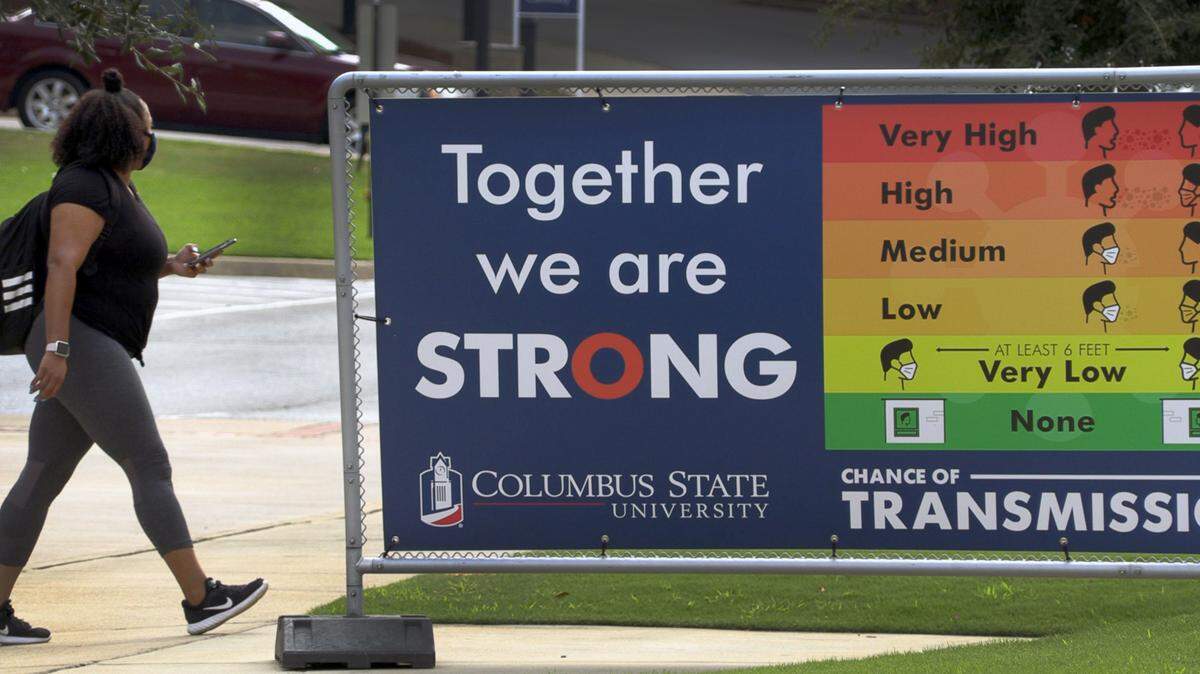 A Columbus State University student walks toward the Student Recreation Center on CSU’s main campus in this 2020 file photo.