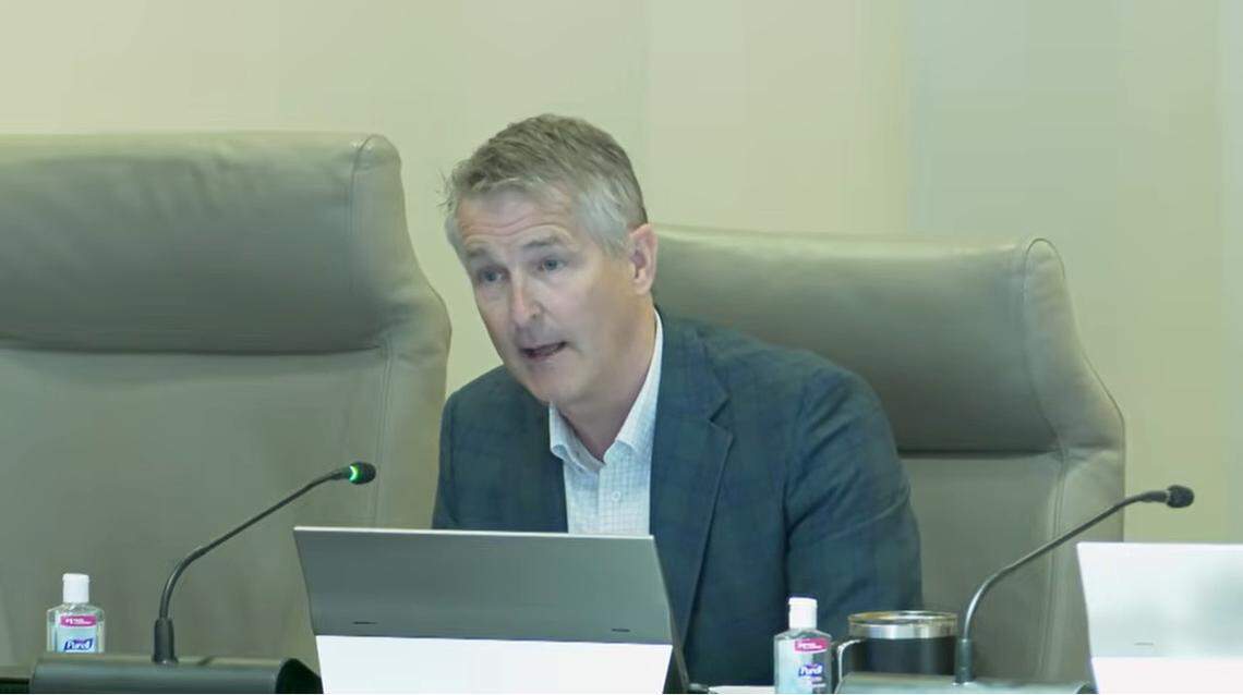 Columbus Councilor John Anker of citywide District 9 speaks during an April 14, 2026, Columbus Council meeting as the Columbus Botanical Garden requests a refund for a property tax payment made after the nonprofit failed to file an exemption on donated land.