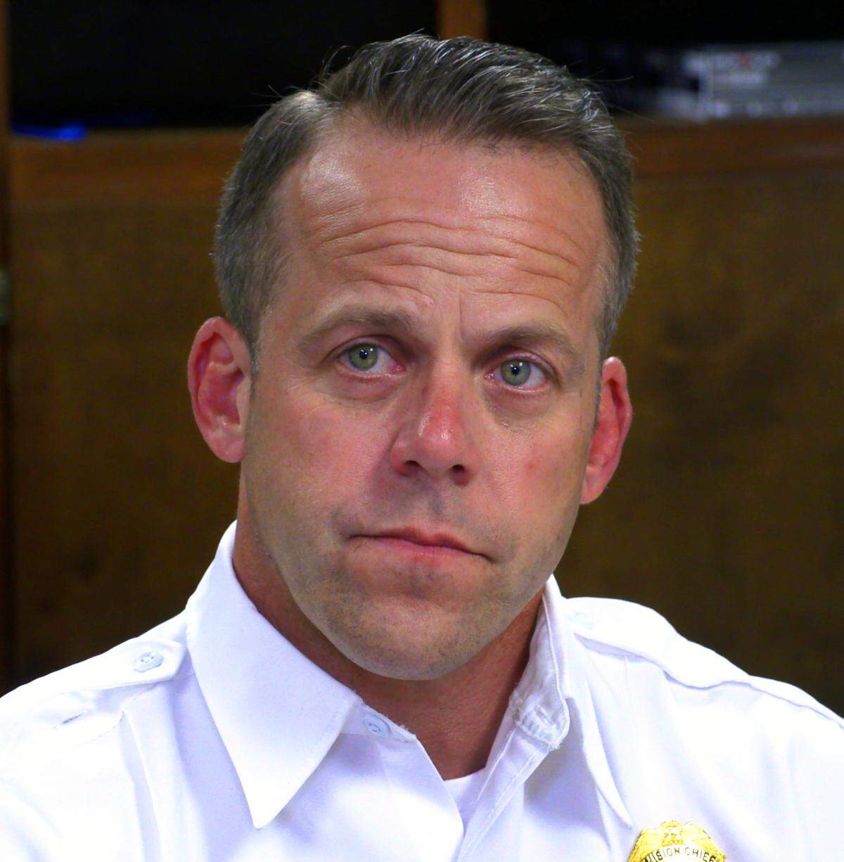 John Shull, fire marshal and division chief at Columbus Fire and EMS in Columbus in Columbus, Georgia, answers questions Tuesday afternoon about recent fires in the city. 03/08/2022