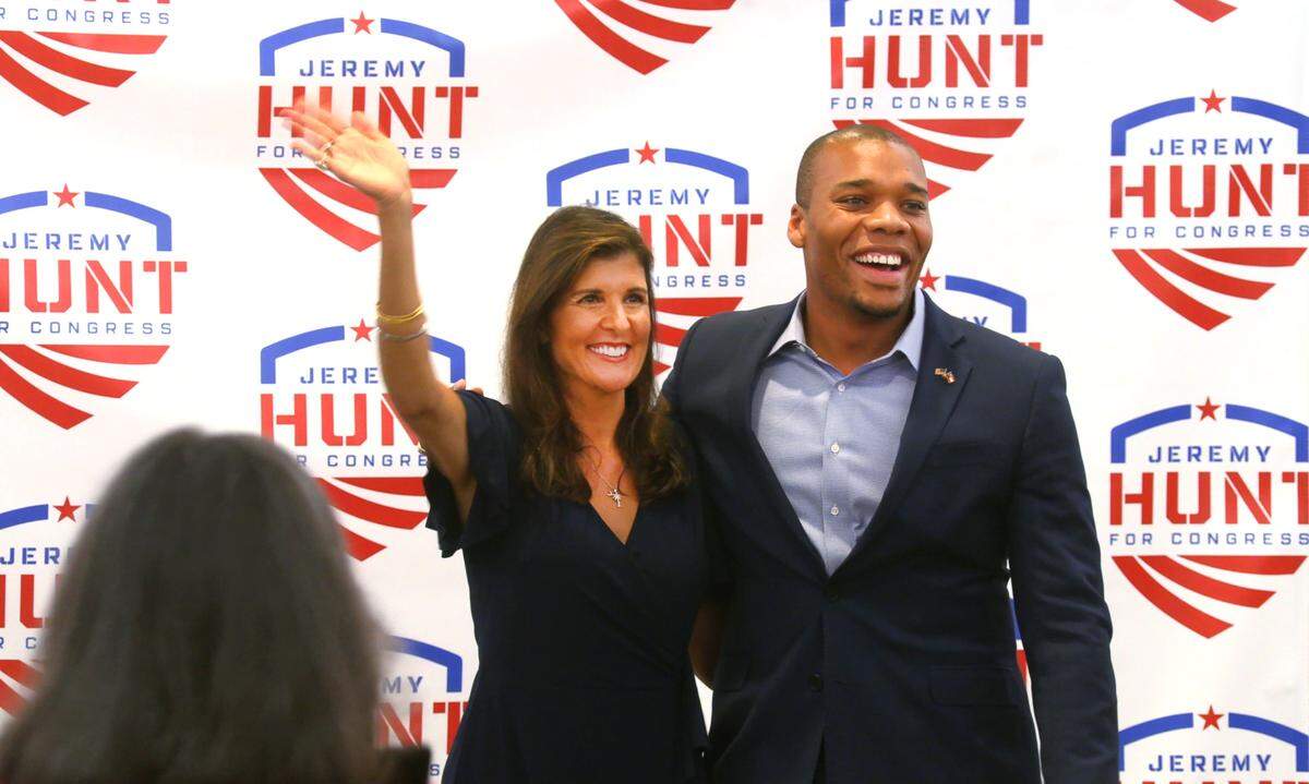 Former United States Ambassador to the United Nations Nikki Haley, left, campaigns with Republican congressional candidate Jeremy Hunt in Columbus, Georgia Wednesday afternoon. 06/08/2022