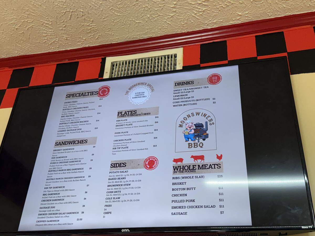 Moonswiners BBQ, 547 Veterans Parkway, has opened in Columbus. The items offered are pictured here on the menu.