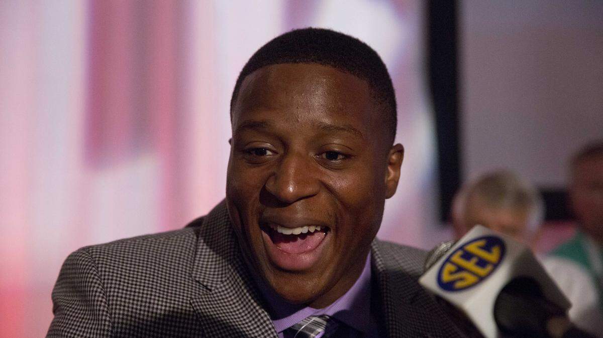 Alabama's Kenyan Drake speaks to the media at the Southeastern Conference NCAA college football media days, Wednesday, July 15, 2015, in Hoover, Ala. (AP Photo/Brynn Anderson)