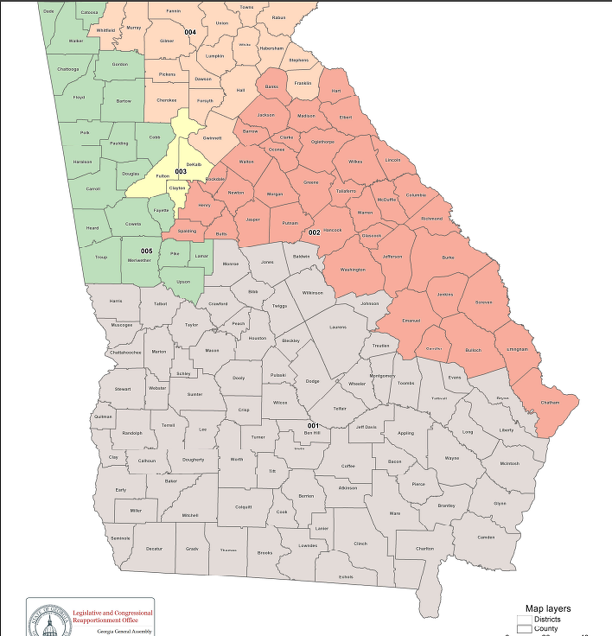 A Georgia Public Service Commission map broken up by the five districts. District two and three are on the ballot in the 2025 election.