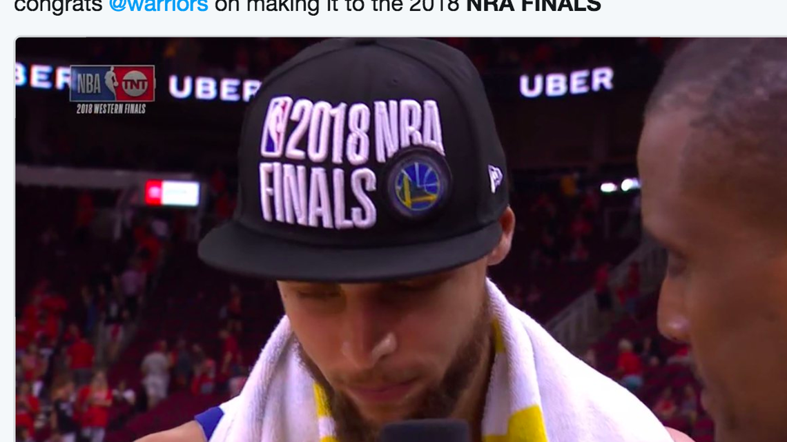 Basketball fans widely mocked the design on a hat for the upcoming NBA finals, which shows a logo obscuring part of the 'B' in 'NBA' and causing the acronym to look like 'NRA.' Stephen Curry, LeBron James and others were seen wearing the hats.