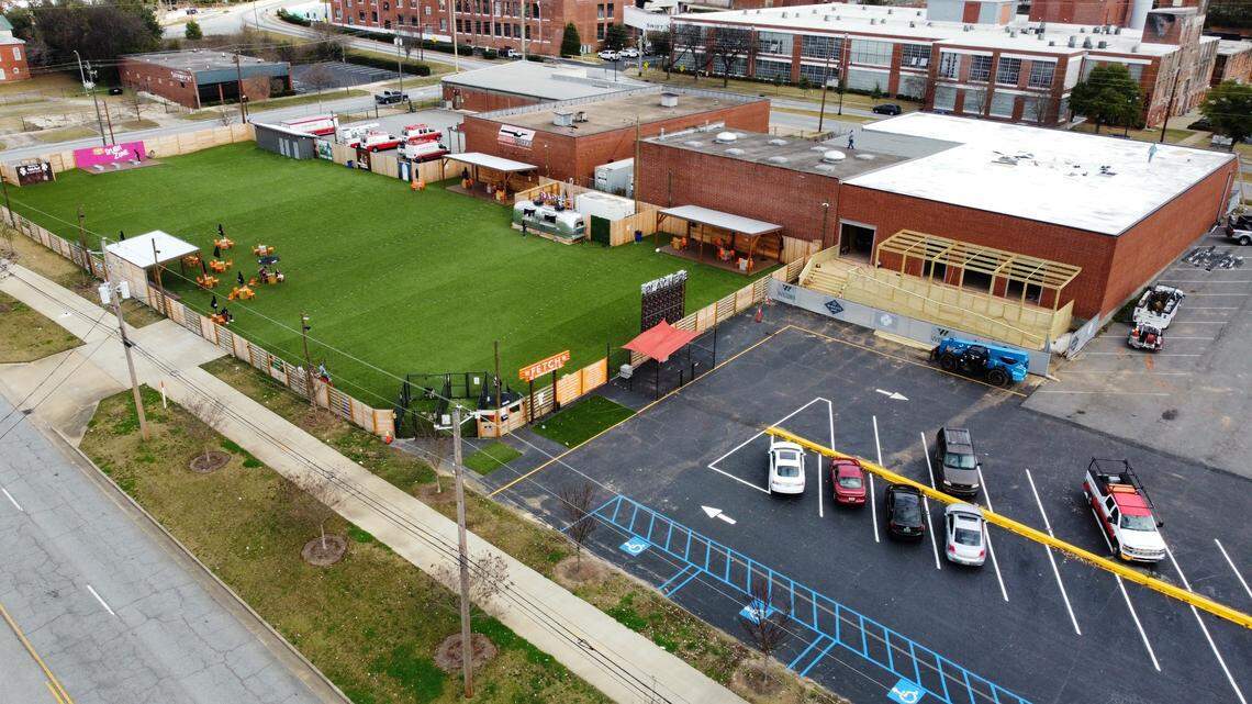 Construction continues at Midcity Yards, 1429 6th Ave. This drone photo shows where Webb Construction has built an awning-covered space, which developer Chris Woodruff says will be the entrance.